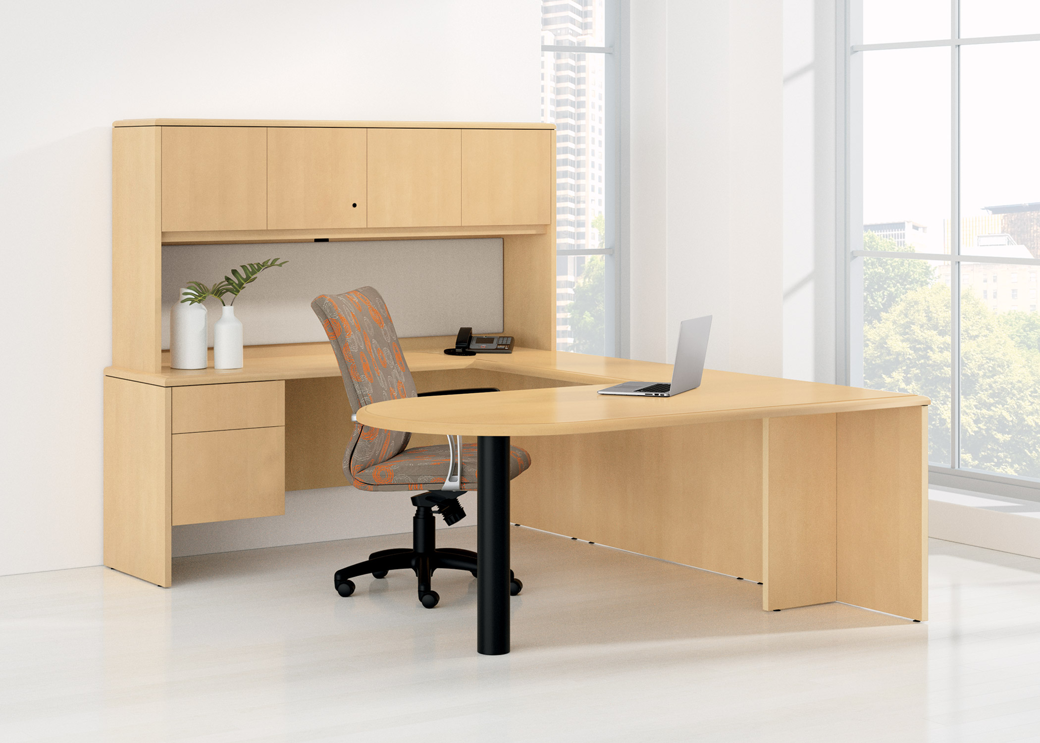 Private office with National's Arrowood U-shape desking unit. Desking unit is blonde colored and include a peninsula, credenza, and pedestal. Task chair is designed with a brown and orange fabric. Right wall in the room has floor to ceiling windows.