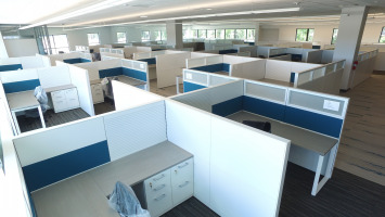 Many cubicles in blues and white with desks, chairs and filing cabinets.