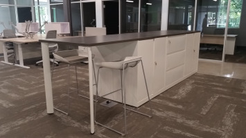 Long worksurface island with two stools