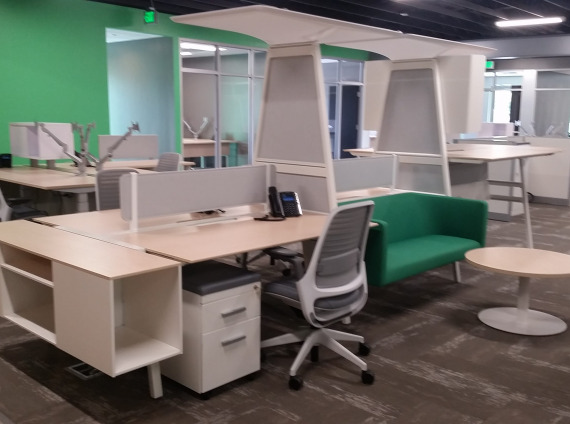 Group desking areas that have tall Turnstone Bivi standing unit. Green colored lobby furniture with blonde colored laminate for hotel desking.