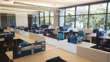 Hotel desking in a blonde laminate with deep blue privacy screens and blue Steelcase Leap chairs. A glass window wall shows the outside scenery of trees.