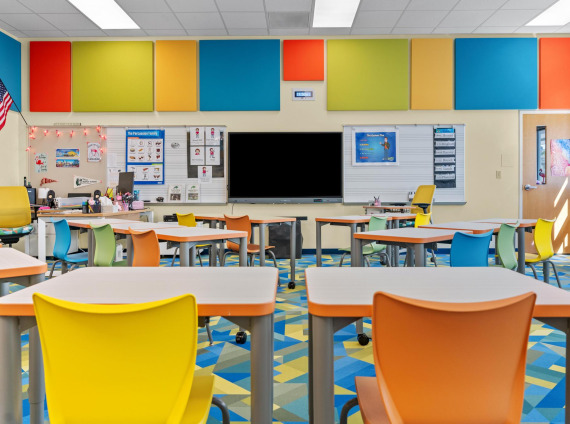 Classroom with multi colored sound boards and many tables setup in rows with brightly colored chairs.
